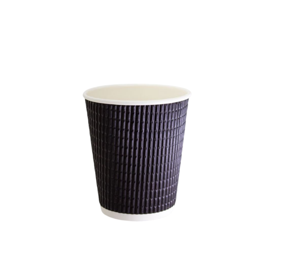 12Oz Charcoal Triple Wall Corrugated Hot Coffee Cups 335Ml With Black Lids