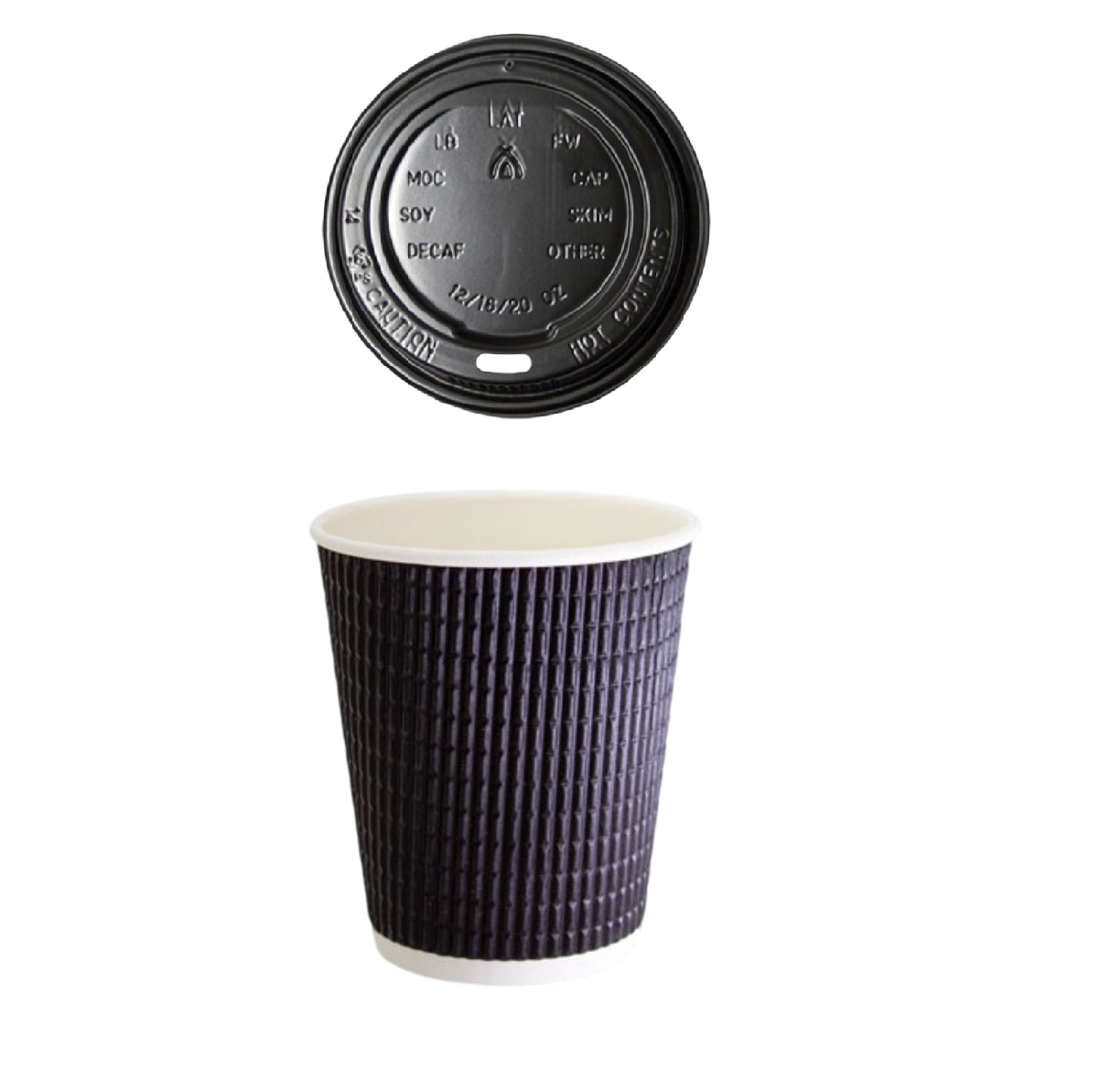 12Oz Charcoal Triple Wall Corrugated Hot Coffee Cups 335Ml With Black Lids