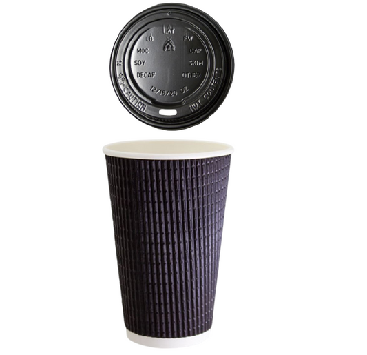 16Oz Charcoal Triple Wall Corrugated Hot Coffee Cups 475Ml With Black Lids