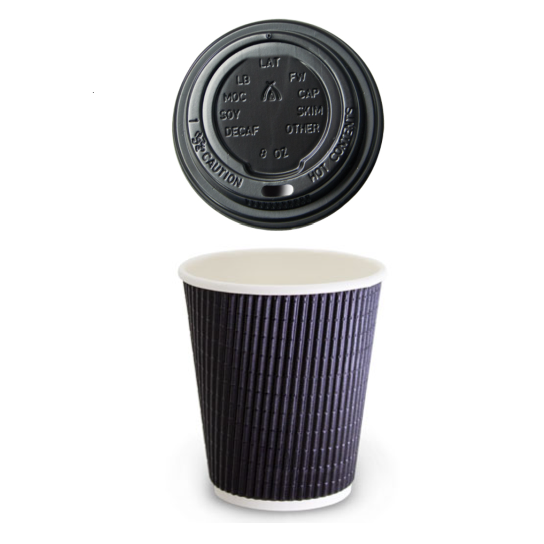 8Oz Charcoal Triple Wall Corrugated Hot Coffee Cups With Black Lids