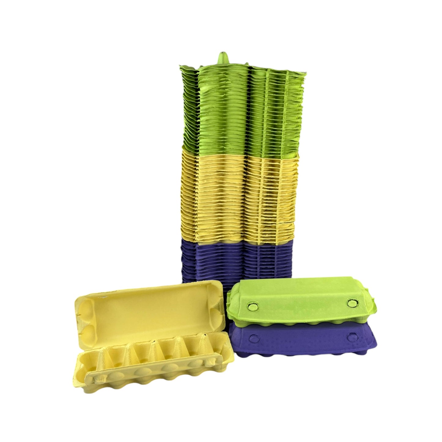 12-Egg Cartons For Full Dozen Eggs – Multicoloured Trio: Lime Green/Dark Purple/Yellow Flat Top Carton