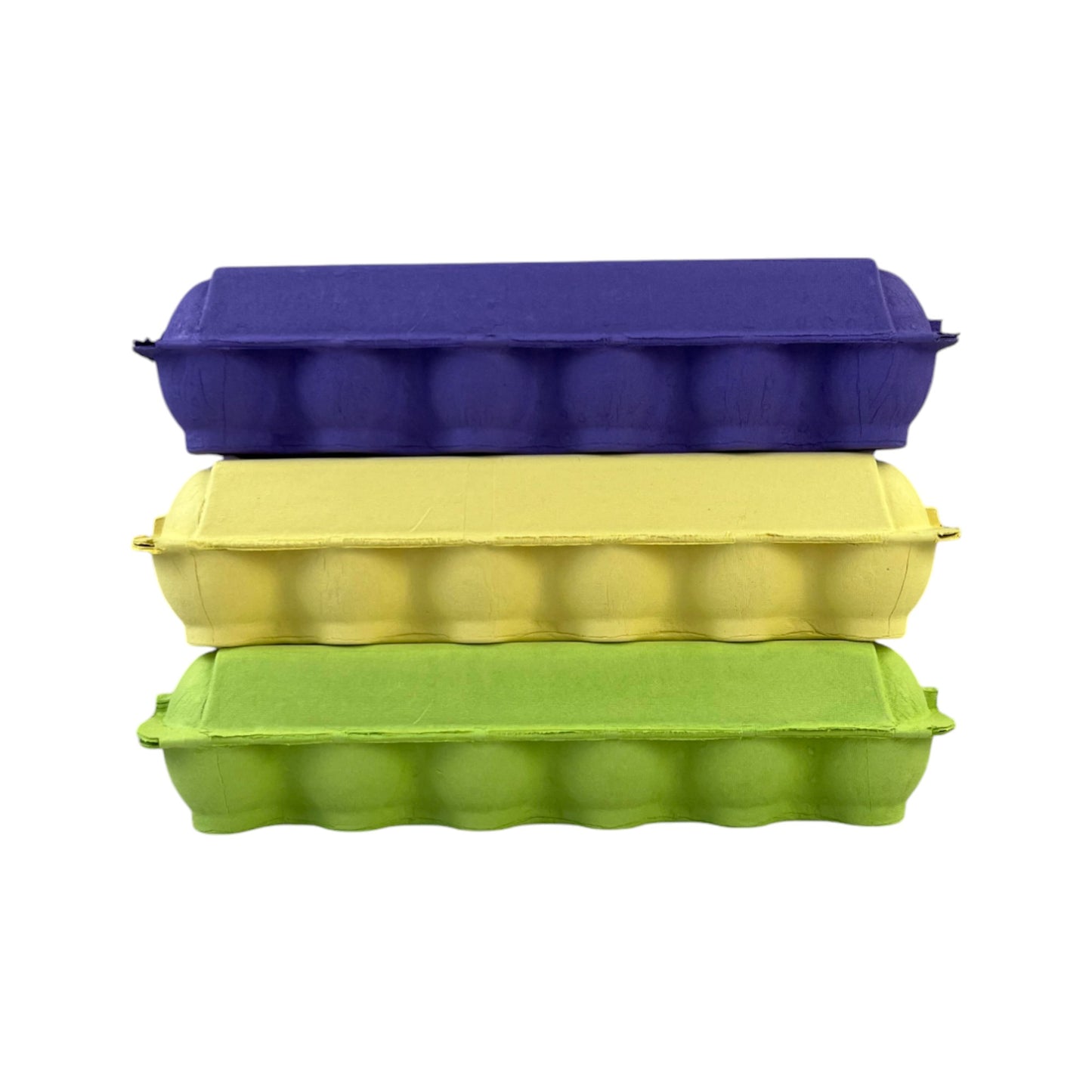 12-Egg Cartons For Full Dozen Eggs – Multicoloured Trio: Lime Green/Dark Purple/Yellow Flat Top Carton