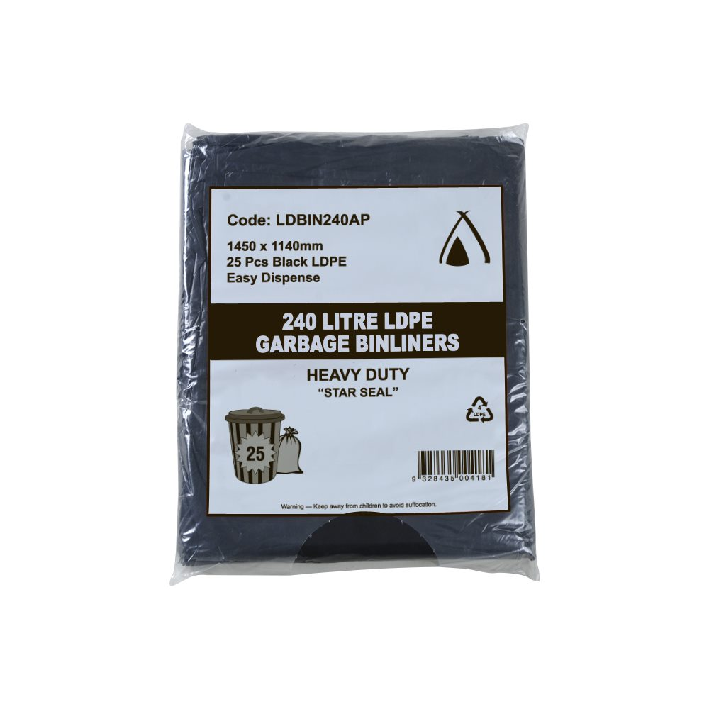 240L Black Garbage Bin Liners Ldpe X-Large Heavy Duty All Purpose Bags