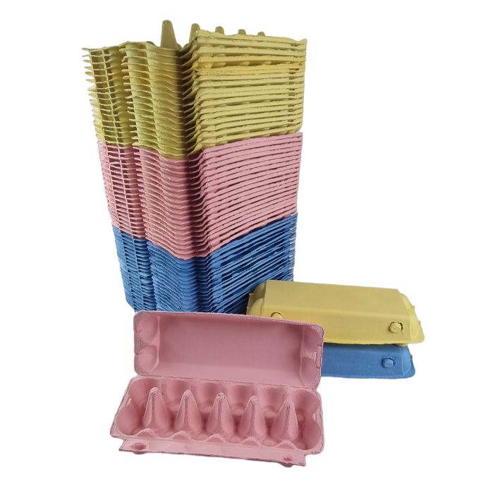 12-Egg Cartons For Full Dozen Eggs – Multicoloured Trio: Yellow/Pink/Light Blue Flat Top Carton